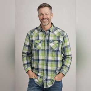 Aeropostale L Plaid Snap Shirt Green Blue Western Cowboy Casual